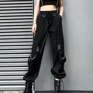 Y2K E-Girl Streetwear Chain Cargo Pants - Vintage Flared Wide Leg Trousers with Drawstring