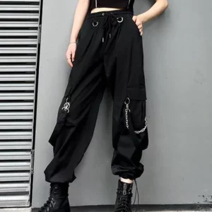 Y2K E-Girl Streetwear Chain Cargo Pants - Vintage Flared Wide Leg Trousers with Drawstring