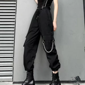 Y2K E-Girl Streetwear Chain Cargo Pants - Vintage Flared Wide Leg Trousers with Drawstring