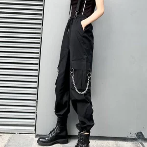 Y2K E-Girl Streetwear Chain Cargo Pants - Vintage Flared Wide Leg Trousers with Drawstring