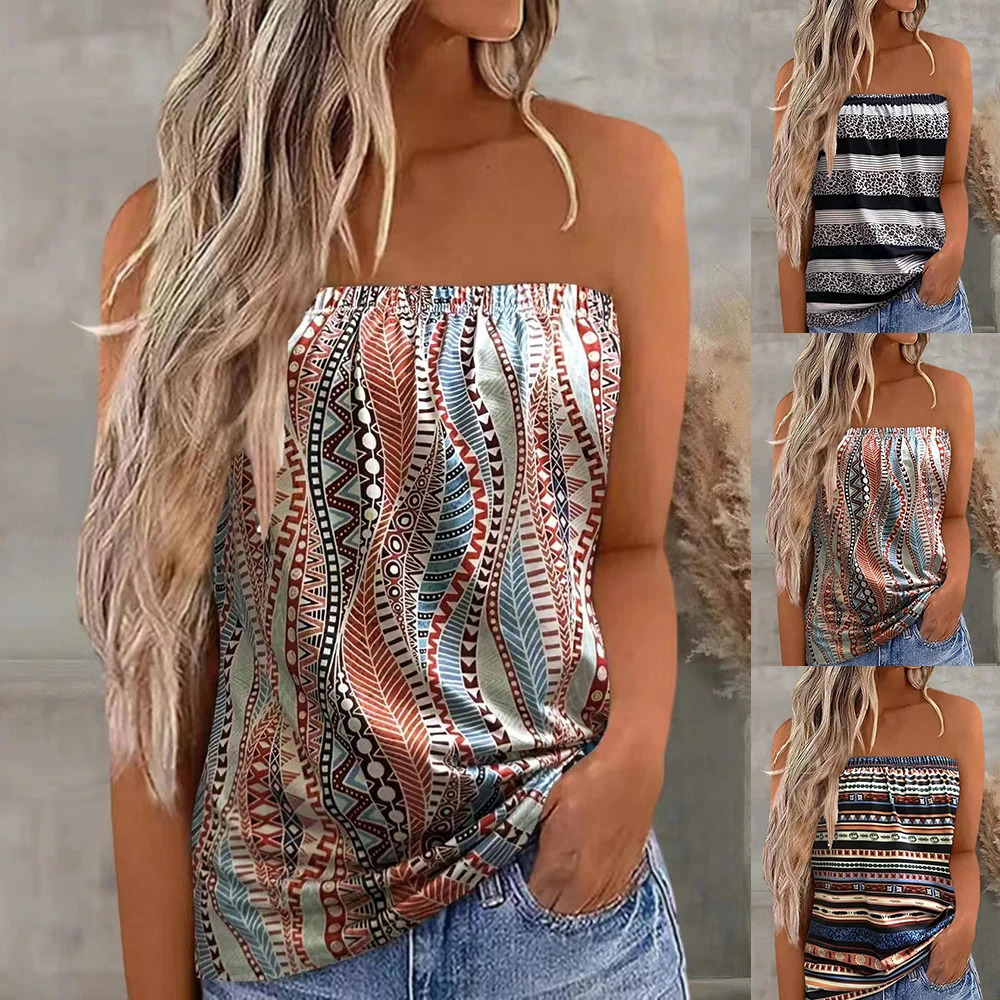 Y2K Ethnic Printed Strapless Vest - Sexy Cutaway Sleeveless Backless Casual Tank Top for Women