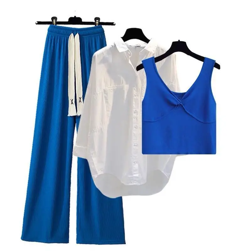 Y2K Fashion 3-Piece Set: White Shirt, Blue Vest, Wide Leg Pants - Retro 90s Summer Outfit