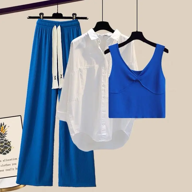 Y2K Fashion 3-Piece Set: White Shirt, Blue Vest, Wide Leg Pants - Retro 90s Summer Outfit