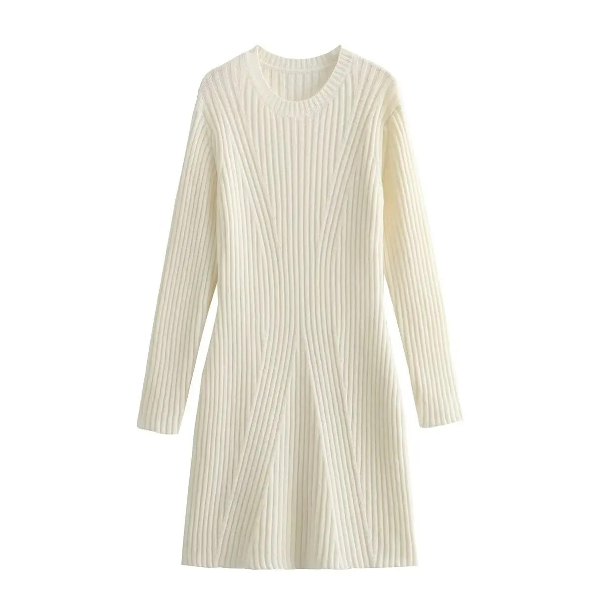 Y2K Fashion Beige Knitted Ribbed Bodycon Sweater Dress - 90s Grunge Mini A-Line Y2K Outfit