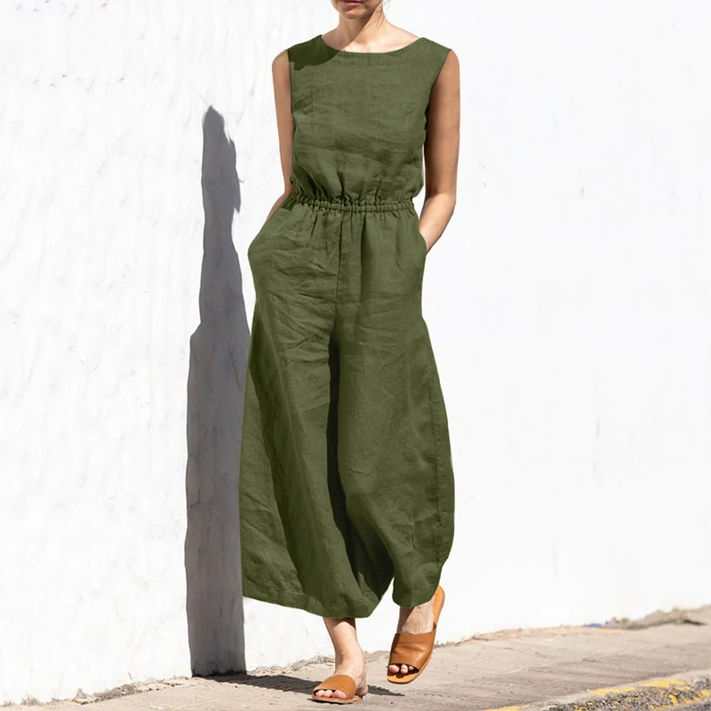 Y2K Fashion Buttoned Women Jumpsuit - Solid Cotton Linen, Sleeveless, Elastic Waist, Pockets