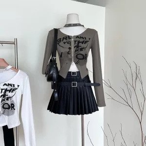 Y2K Fashion E-Girl Graphic T-Shirt - Autumn Women's Japanese Harajuku Gothic Hollow Out Cyber Crop Top