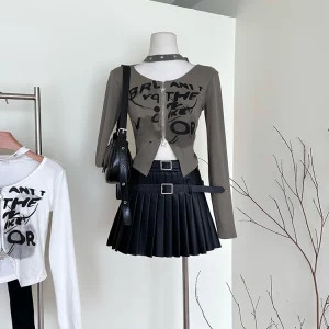 Y2K Fashion E-Girl Graphic T-Shirt - Autumn Women's Japanese Harajuku Gothic Hollow Out Cyber Crop Top