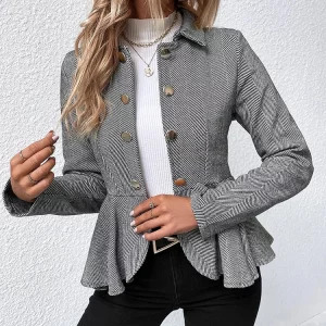 Y2K Fashion Striped Blazer - Elegant Ruffle Long Sleeve Jacket for Women, Retro 90s Style