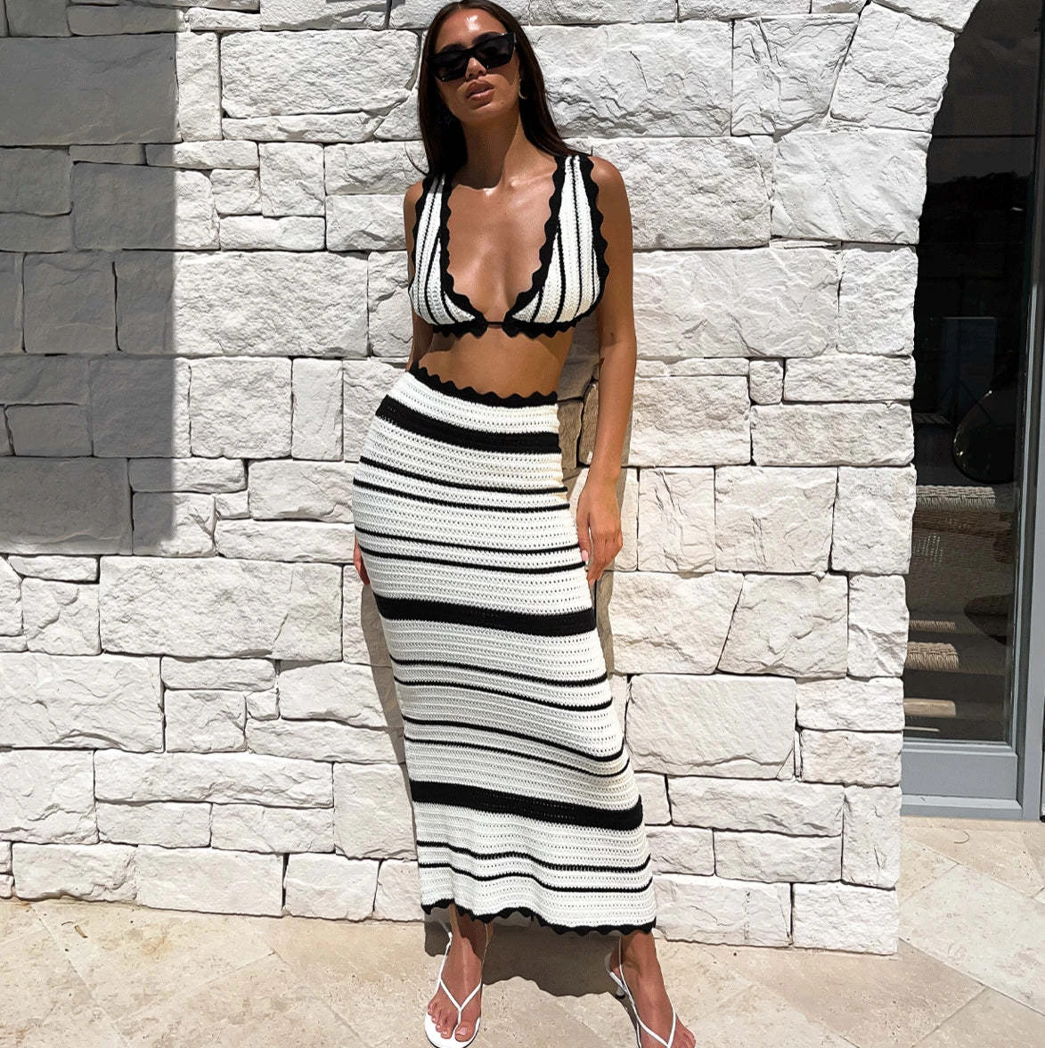 Y2K Fashion Summer 2024: Sexy Black & White Striped Tank Top and Skirt Set - Bohemian Beachwear