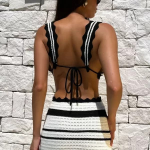 Y2K Fashion Summer 2024: Sexy Black & White Striped Tank Top and Skirt Set - Bohemian Beachwear