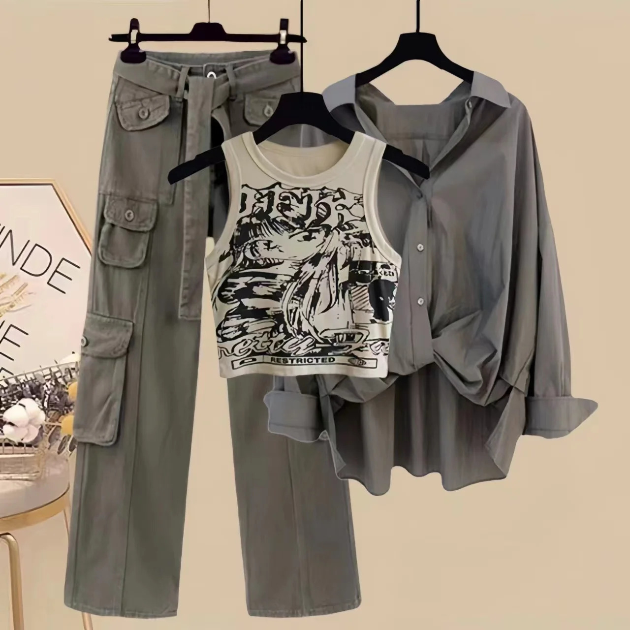 Y2K Fashion Three-Piece Set: Vintage Blouse, Tank Top, and Cargo Pants - Retro 90s Grunge Outfit