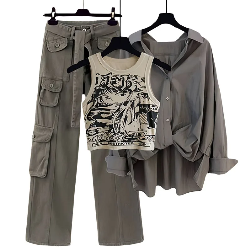 Y2K Fashion Three-Piece Set: Vintage Blouse, Tank Top, and Cargo Pants - Retro 90s Grunge Outfit