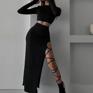 Y2K Fashion Two Piece Dress Set - Long Sleeved Split Skirt Suit, Hollow Out, Elegant Summer Outfit