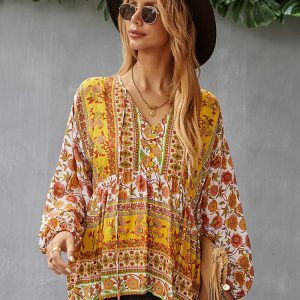 Y2K Floral Boho Long Sleeve O-Neck Blouse - Stylish Summer Top