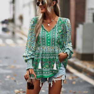 Y2K Floral Boho Long Sleeve O-Neck Blouse - Stylish Summer Top