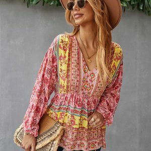 Y2K Floral Boho Long Sleeve O-Neck Blouse - Stylish Summer Top