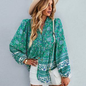 Y2K Floral Boho Long Sleeve O-Neck Blouse - Stylish Summer Top