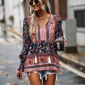 Y2K Floral Boho Long Sleeve O-Neck Blouse - Stylish Summer Top