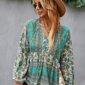 Y2K Floral Boho Long Sleeve O-Neck Blouse - Stylish Summer Top