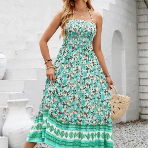 Y2K Floral Halter Dress - Sexy Boho Beach Outfit, Retro 90s Summer Fashion for Women