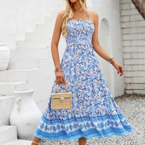 Y2K Floral Halter Dress - Sexy Boho Beach Outfit, Retro 90s Summer Fashion for Women