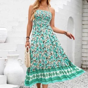 Y2K Floral Halter Dress - Sexy Boho Beach Outfit, Retro 90s Summer Fashion for Women