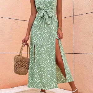 Y2K Floral Print Backless Bandage Slit Dress - Sexy Summer Beach Sundress, Retro 90s Fashion