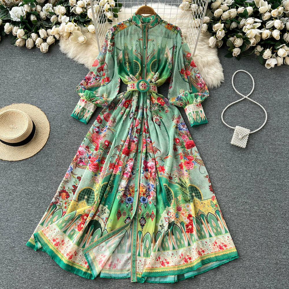 Y2K Floral Print Boho Chiffon Long Dress - Stand Collar, Lantern Sleeve, Summer Beach Outfit