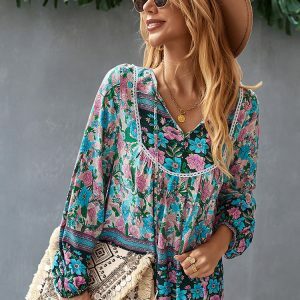 Y2K Floral Print Boho Long Sleeve O-Neck Blouse - Stylish Summer Top