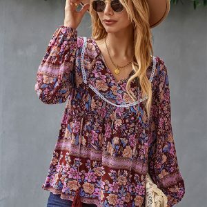 Y2K Floral Print Boho Long Sleeve O-Neck Blouse - Stylish Summer Top