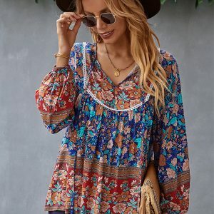 Y2K Floral Print Boho Long Sleeve O-Neck Blouse - Stylish Summer Top