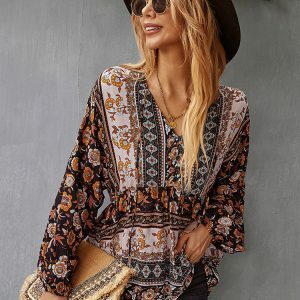 Y2K Floral Print Boho Long Sleeve O-Neck Blouse - Stylish Summer Top