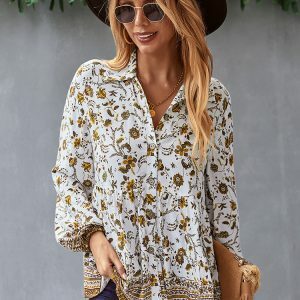 Y2K Floral Print Boho Long Sleeve O-Neck Blouse - Stylish Summer Top