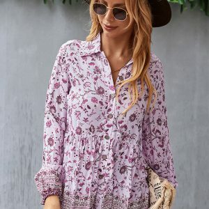 Y2K Floral Print Boho Long Sleeve O-Neck Blouse - Stylish Summer Top