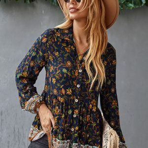 Y2K Floral Print Boho Long Sleeve O-Neck Blouse - Stylish Summer Top