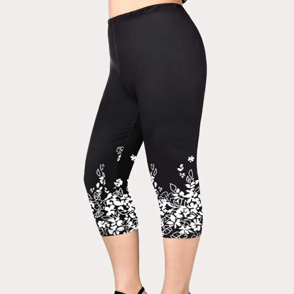 Y2K Floral Print Capri Leggings - Casual Sports Yoga Pants, Plus Size, Elastic Waist, Retro 90s Style