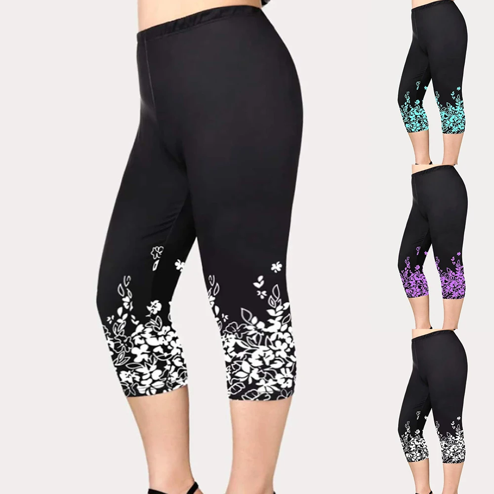 Y2K Floral Print Capri Leggings - Casual Sports Yoga Pants, Plus Size, Elastic Waist, Retro 90s Style