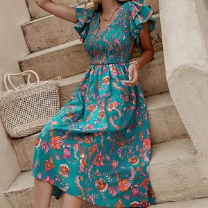 Y2K Floral Print Midi Dress - Slim Ruffle Sleeve, Casual Elegant Green A-line, 90s Summer Beach Fashion