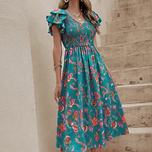 Y2K Floral Print Midi Dress - Slim Ruffle Sleeve, Casual Elegant Green A-line, 90s Summer Beach Fashion