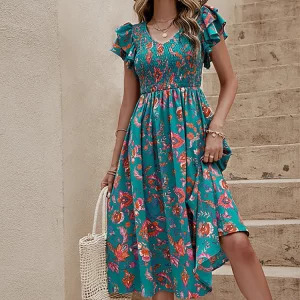 Y2K Floral Print Midi Dress - Slim Ruffle Sleeve, Casual Elegant Green A-line, 90s Summer Beach Fashion