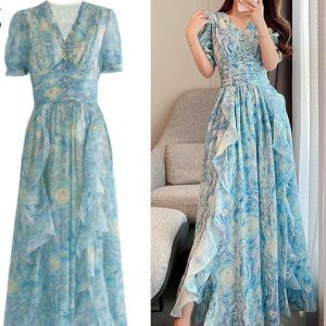 Y2K Floral Print Ruffle Chiffon Dress - Elegant High Waist A-Line Party Robe