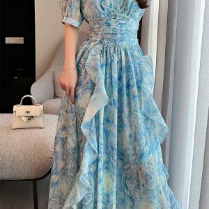 Y2K Floral Print Ruffle Chiffon Dress - Elegant High Waist A-Line Party Robe