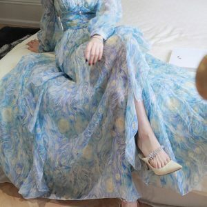 Y2K Floral Print Ruffle Chiffon Dress - Elegant High Waist A-Line Party Robe