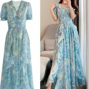 Y2K Floral Print Ruffle Chiffon Dress - Elegant High Waist A-Line Party Robe