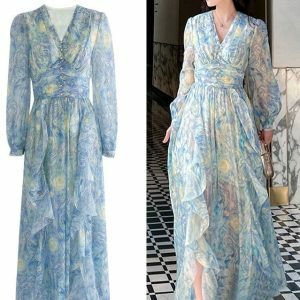 Y2K Floral Print Ruffle Chiffon Dress - Elegant High Waist A-Line Party Robe