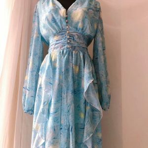 Y2K Floral Print Ruffle Chiffon Dress - Elegant High Waist A-Line Party Robe