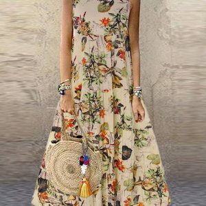 Y2K Floral Print Sleeveless Boho Dress - Summer Casual O-Neck Cotton Holiday Outfit