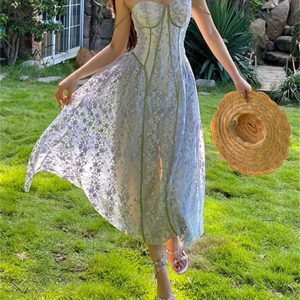 Y2K Floral Slip Dress, Elegant Vintage Milkmaid, Embroidered Princess, Summer Prom Party Dress