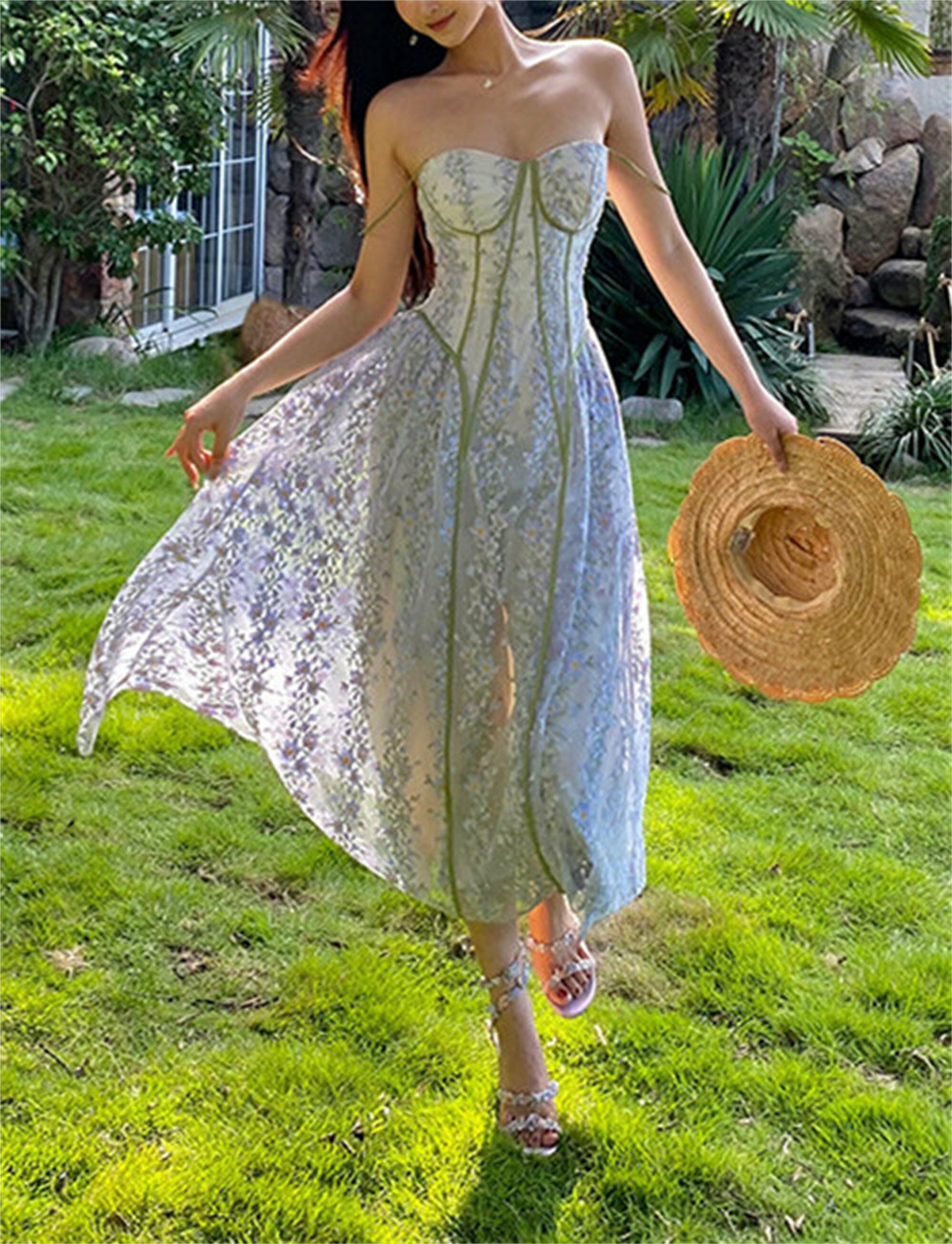 Y2K Floral Slip Dress, Elegant Vintage Milkmaid, Embroidered Princess, Summer Prom Party Dress