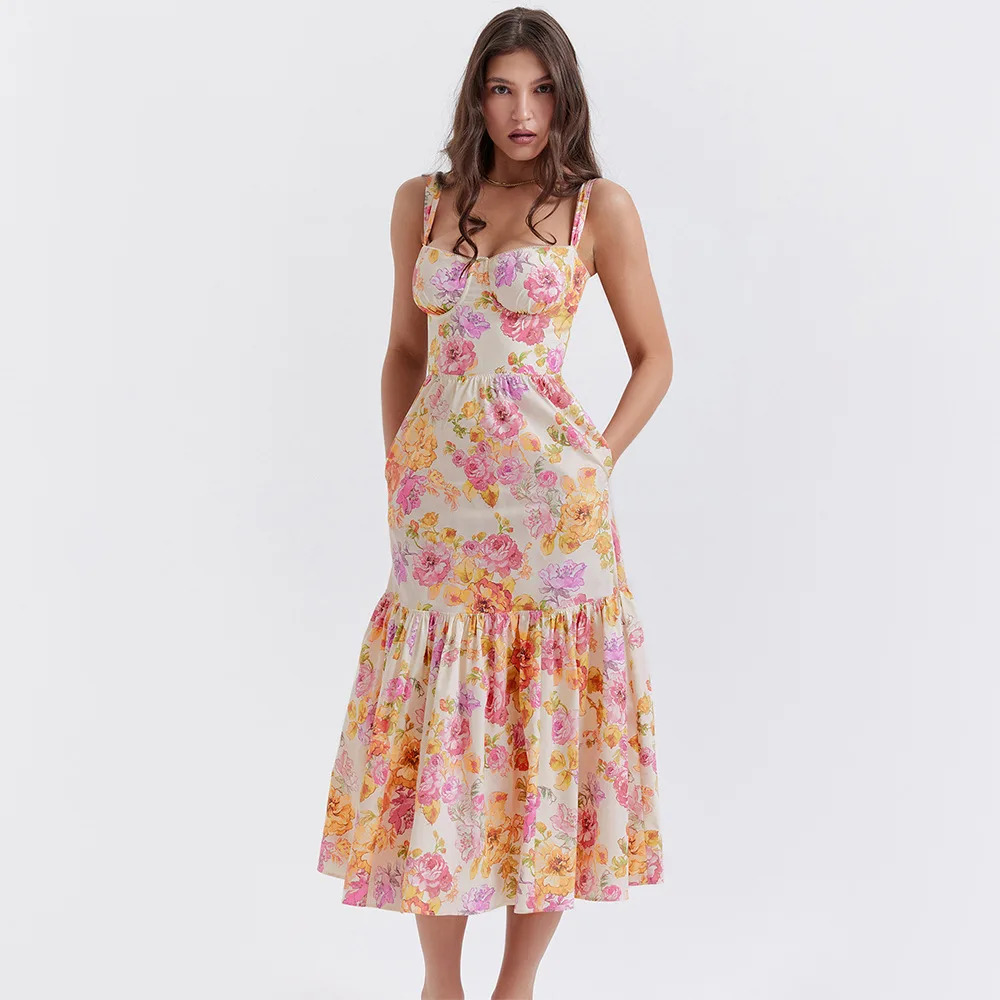 Y2K Floral Spaghetti Strap Midi Dress - Elegant Casual Summer Party Outfit with Pockets